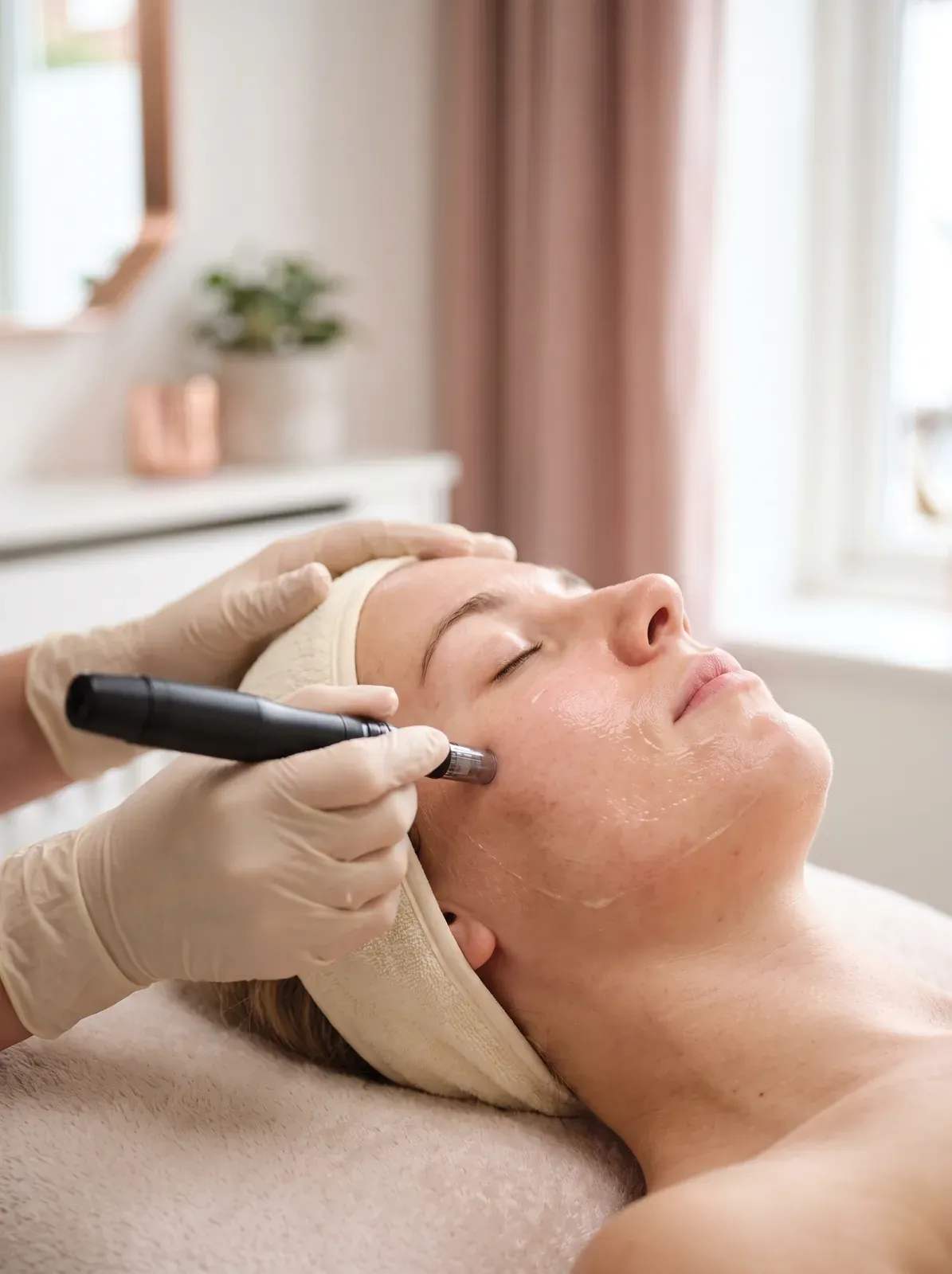 Kosmetikerin führt einen Micro-Needling-Stift über die Wange einer Kundin