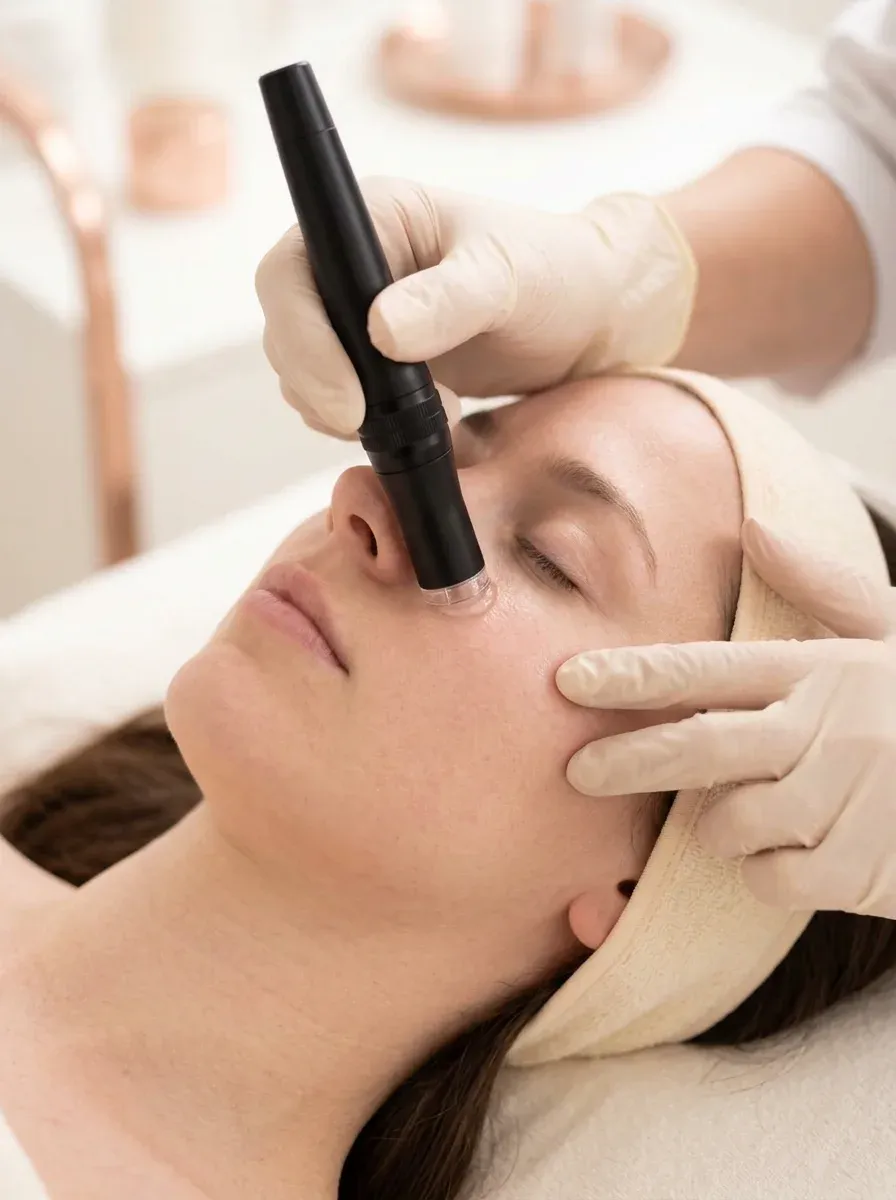 Handstück der Mikrodermabrasion gleitet über die Wange, die Behandlerin spannt die Haut