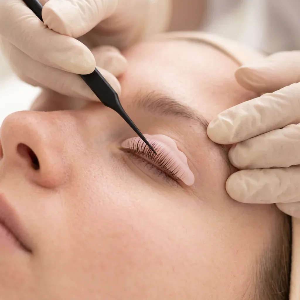 Wimpern liegen beim Lashlifting auf einem Silikonpad