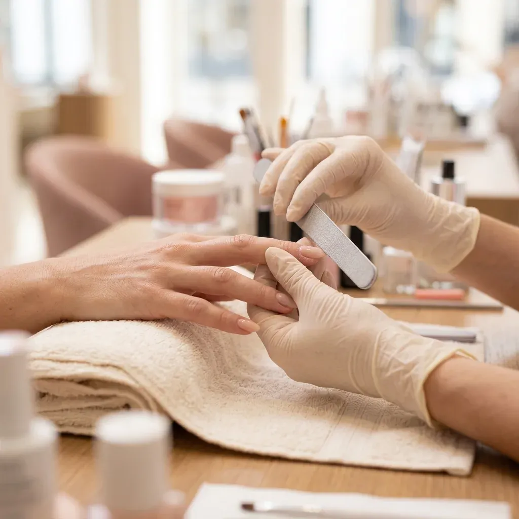 Fingernagel einer Kundin wird mit der Feile in Form gebracht