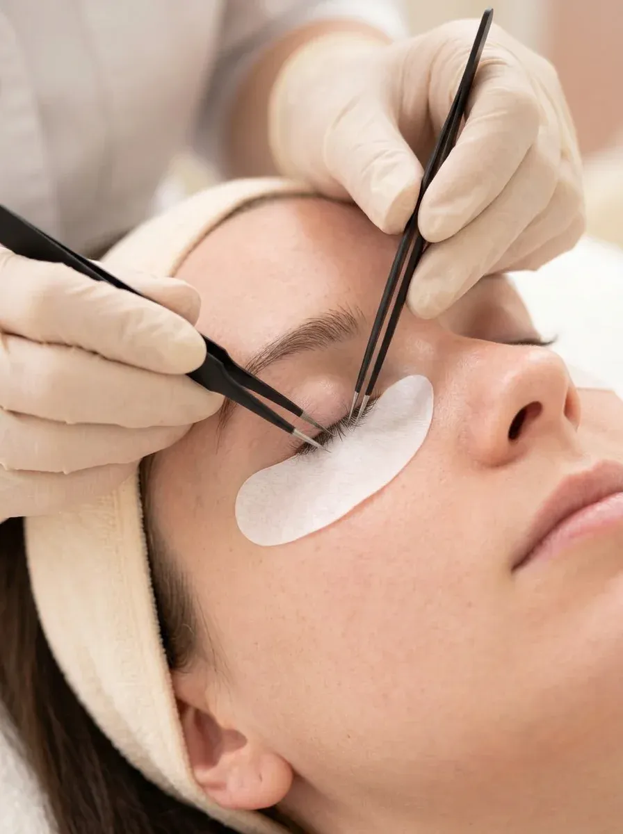Einzelne Wimper wird mit zwei Pinzetten am geschlossenen Auge angesetzt